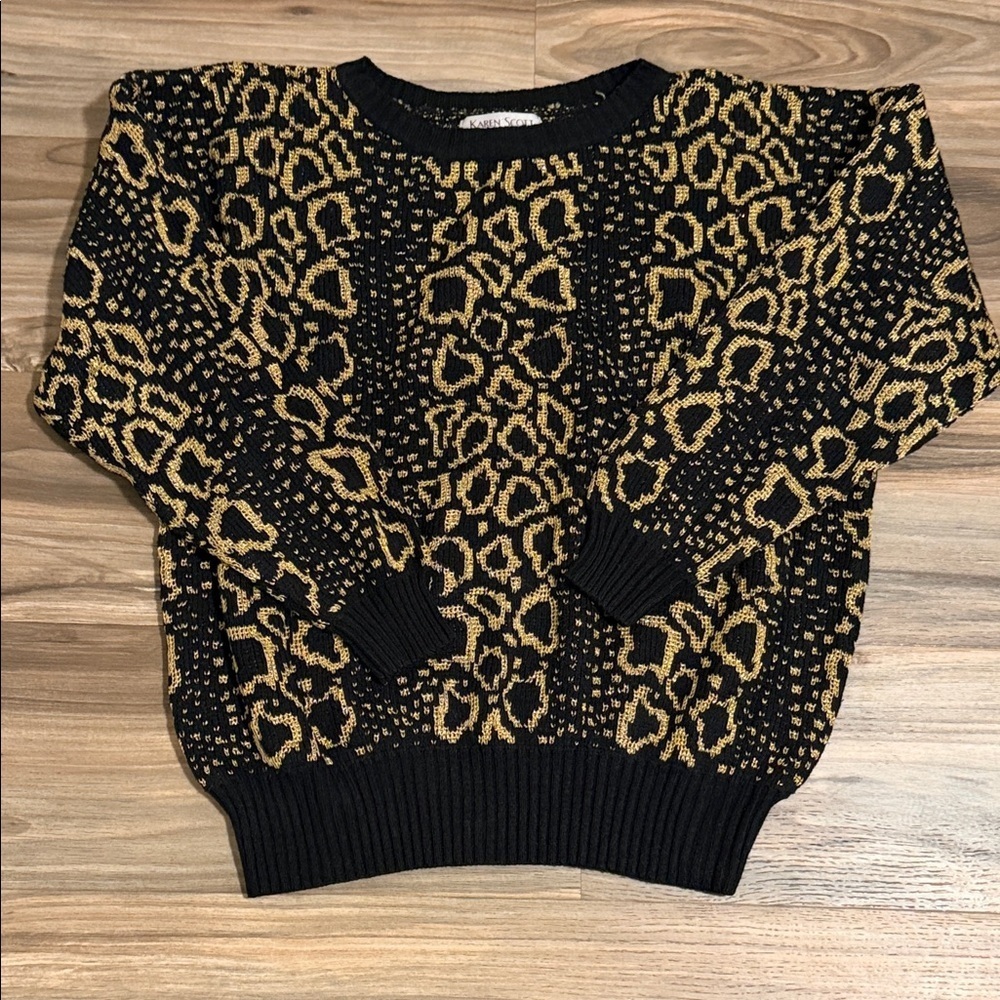 Karen Scott Vintage Women’s L Metallic Leopard Crewneck Sweater Black Gold
